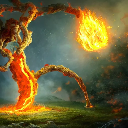 Prompt: novice magician, launches an immense fire ball into the world tree, epic, fantasy, digital art, cataclysmic, inferno, high detail, cinematic, 8 k