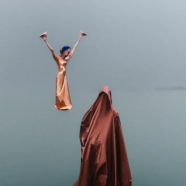 Image similar to a closeup portrait of a woman wrapped in plastic, standing next to a levitating copper triangle, in a foggy lake, color photograph, by vincent desiderio, canon eos c 3 0 0, ƒ 1. 8, 3 5 mm, 8 k, medium - format print