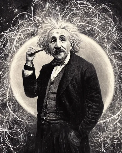 Image similar to a highly detailed portrait of Einstein as a devious male magician radiating a powerful energy aura, ornate back tuxedo, wispy tendrils of smoke, swirling vortex of energy, performance art, intricate, digital painting, old english, raining, sepia, particles floating, whimsical background by marc simonetti, art by artgerm and greg rutkowski and alphonse mucha