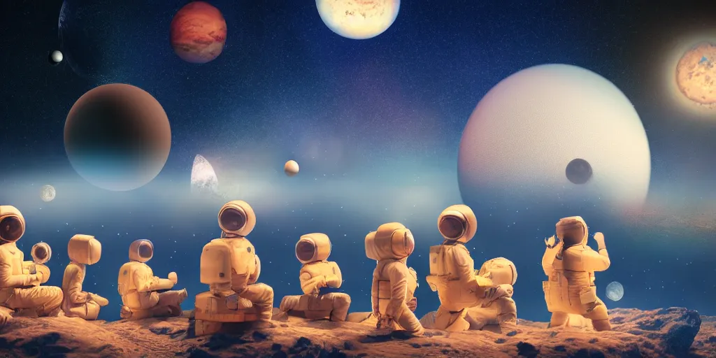 Image similar to twelve astronauts sitting by the river with a big holiday cake + octane render + planets and stars + mystical fog, super detail, high quality