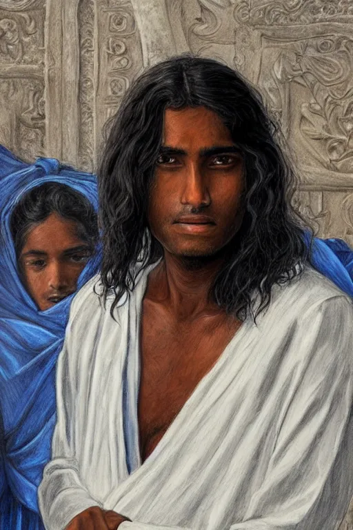 Image similar to sri lankan boy with long hair in white robes, art by Giancola, Donato