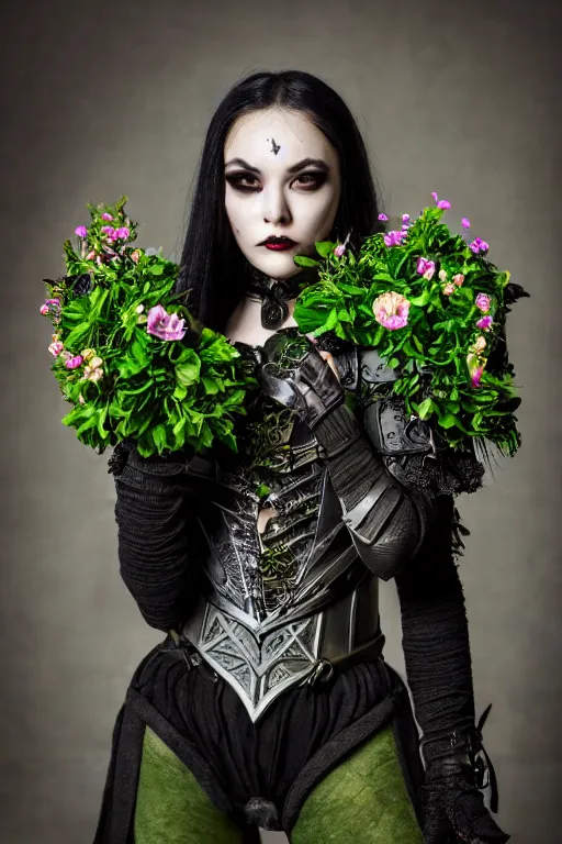 Image similar to very beautiful orcish top model, dark green hair, wearing valentin yudashkin gothic victorian armor with leaves and flowers, luxury materials, symmetrical, cinematic, elegant, professional studio light, real dlsr photography, sharp focus, 4 k, ultra hd, sense of awe, high fashion