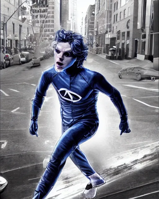 Image similar to evan peters, as quicksilver, racing at hyper speed thru the streets of nyc, trending on artstation, x - men