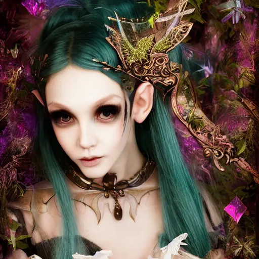 Image similar to Ethereal, mysterious stunning maximalist mesmerizing elven girl with elf ears from the rainbow sky paradise, high-tech, professional high fashion model photo shoot for Victorian gothic lolita fashion, hyperdetailed by Mark Ryden, artgerm, Hiroyuki-Mitsume Takahashi, WLOP, Goto Fujita, 奈良美智, Pixiv 3DCG, DAZ Studio, close-up 35mm macro shot, hyperrealism, 8k resolution 3D, cinematic, dynamic lighting, octane render, unreal engine 5