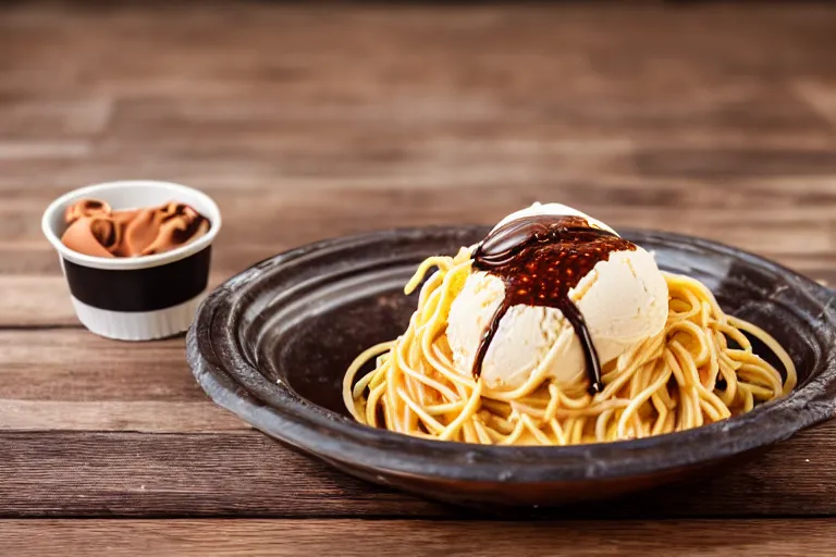 Prompt: macro shot of spaghetti with ice cream and banana and chocolate sauce, on a wooden table, 5 4 9, natural light, cinematic lighting, 8 k, food photography