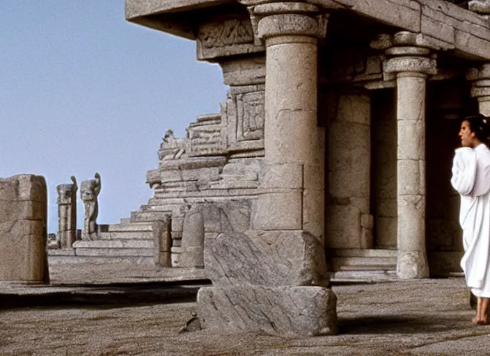 Image similar to epic portrait screenshot of princess Leia in thin white robe, approaching an ancient temple in the distance, iconic scene from the 1980s film directed by Stanley Kubrick, cinematic lighting, kodak film stock, strange, hyper real, stunning moody cinematography, with anamorphic lenses, crisp, detailed portrait, 4k image