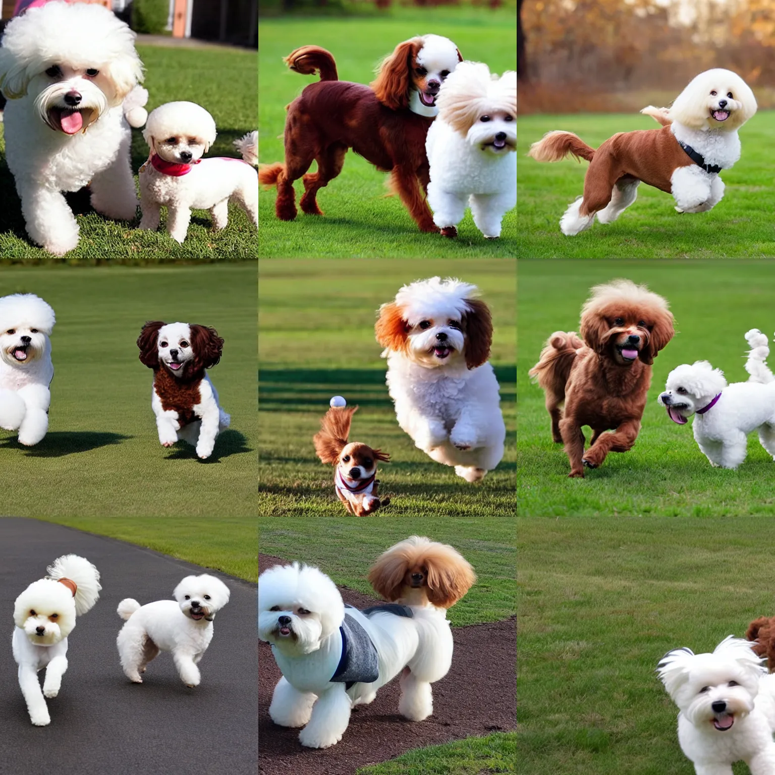 Prompt: a bichon frise plays fetch with a cute brown long haired chihuahua cocker spaniel