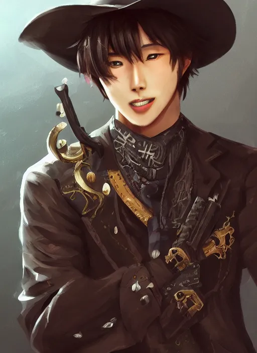 Image similar to a highly detailed illustration of kento yamazaki as a cowboy wearing black cowboy hat, dramatic smiling wielding revolvers pose, perfect face, intricate, elegant, highly detailed, centered, digital painting, artstation, concept art, smooth, sharp focus, league of legends concept art, wlop