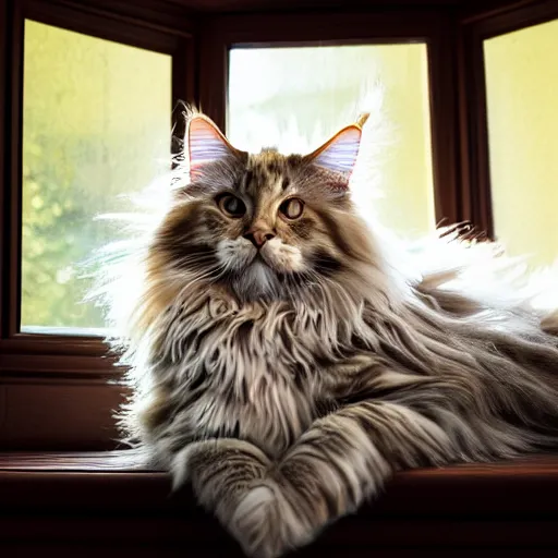 Prompt: portrait cream color maine coon cat curled up, bay window sofa, 8K, 4K, Blanchard Antoine, oversaturated lens flair, bokeh, sunbeam, UE5