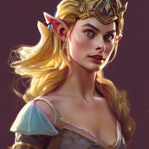 Prompt: margot robbie as princess zelda, by stanley artgerm lau, greg rutkowski, alphonse mucha, concept art, character design, trending on artstation, rey tracing, epic fantasy, 8 k, 4 k, beautiful lighting, painting, rule of thirds, golden ratio, masterful composition, inspired by lord of the rings and mass effect