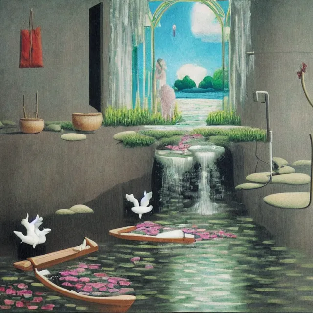 Image similar to painting of flood waters inside an apartment, emo catgirl art student, a river flooding inside, taps with running water, tangelos, zen, pigs, ikebana, water, river, rapids, waterfall, black swans, canoe, pomegranate, berries dripping, acrylic on canvas, surrealist, by magritte and monet