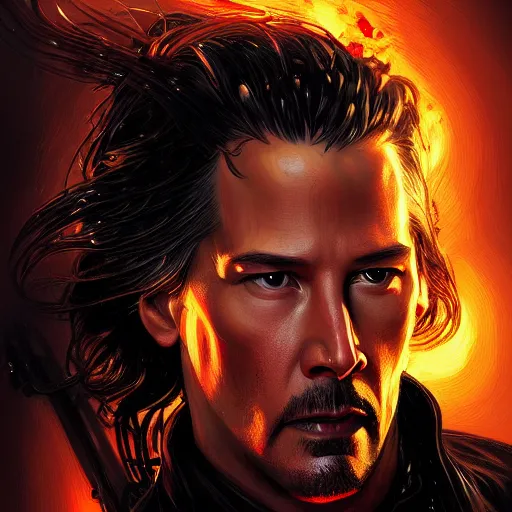 Image similar to handsome Keanu Reeves as Ghost Rider, western, closeup, D&D, fantasy, intricate, elegant, highly detailed, digital painting, artstation, concept art, matte, sharp focus, illustration, art by Artgerm and Greg Rutkowski and Alphonse Mucha