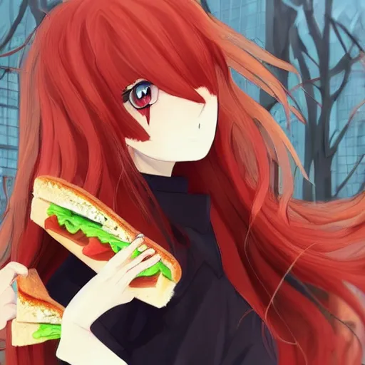 Image similar to a girl eating a sandwich, red hair, anime art, detailed, hd, smooth