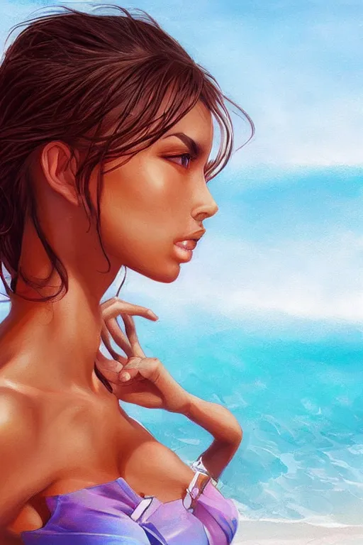Prompt: Tanned beauty portrait, beach by Artgerm and WLOP, Pixiv