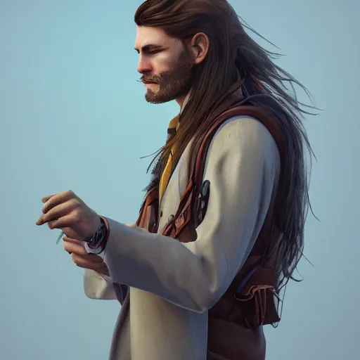 Prompt: a handsome man wearing a travel outfit by olivia malone, long hair, amazingly detailed, fantastic detailed eyes, aged 2 5, swedish, photo realistic, photograph, 3 5 mm, octane render, trending on artstation