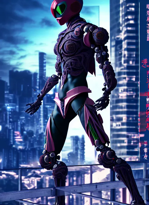 Image similar to kamen rider action pose, human structure concept art, human anatomy, full body hero, intricate detail, hyperrealistic art and illustration by irakli nadar and alexandre ferra, global illumination, on tokyo cyberpunk night rooftop, frostbite engine