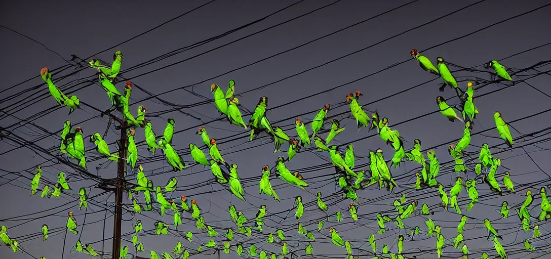 Image similar to a 3 5 mm photography at night, camera with strong flash on, of a lot of green parrots on the power lines taken by yoshinori mizutani - h 9 6 0