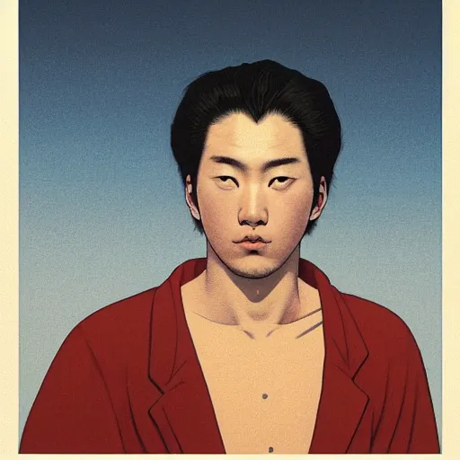 Image similar to a realistic portrait of a man staring at the camera with dramatic lighting, by kawase hasui, moebius, edward hopper, muted flat surreal design, hd, 8 k, artstation