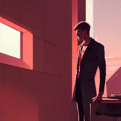 Image similar to concept art by greg rutkowski, very tall and slim young man, standing drinking a coffee looking out a large rectangular window inside a futuristic office, reddish exterior lighting, scifi, highly detailed portrait, digital painting, artstation, concept art, smooth, sharp foccus ilustration, artstation hq