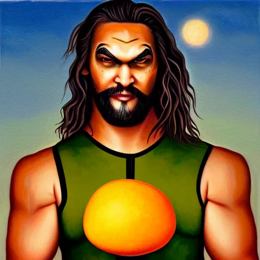 Image similar to jason momoa as a mango, lowbrow painting by mark ryden