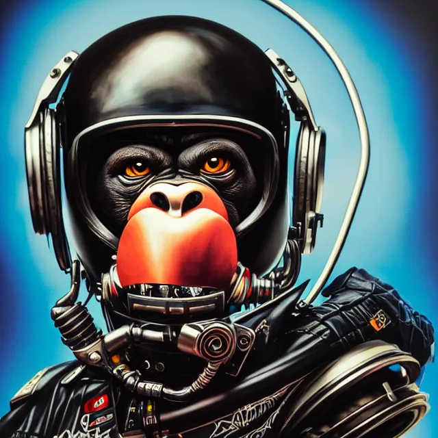 Image similar to a portrait of an anthropomorphic cyberpunk chimp in a motorcycle helmet by sandra chevrier, detailed render, tape deck, boombox, headphones, epic composition, cybernetics, 4 k realistic, cryengine, realistic shaded lighting, sharp focus, masterpiece, by matteo scalera, gary montalbano, peter elson in the style of the tokyo ghost comic