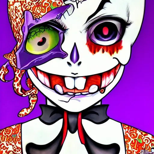 Image similar to portrait of a anime manga happy smiley Joker girl skull face detailed highres 4k by Trevor Brown pop art nouveau