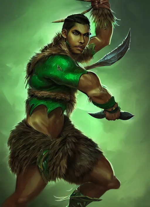 Image similar to a highly detailed illustration of fierce attractive young tanned green haired tribal boy wearing green wolf cape, heroic wielding club pose, muscular, intricate, elegant, highly detailed, centered, digital painting, artstation, concept art, smooth, sharp focus, league of legends concept art, wlop