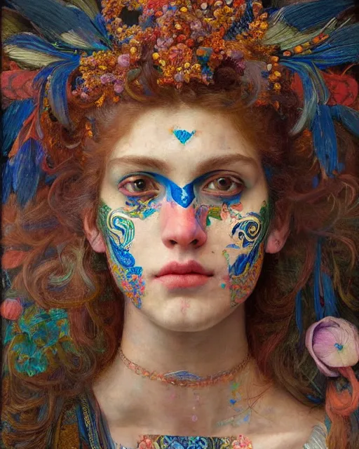 Image similar to a beautiful girl wearing colourful face paint surrounded by bright intricate patterns, by edgar maxence and caravaggio and michael whelan, intricate painting, hyper realistic, extremely detailed and beautiful aesthetic face, 8 k resolution