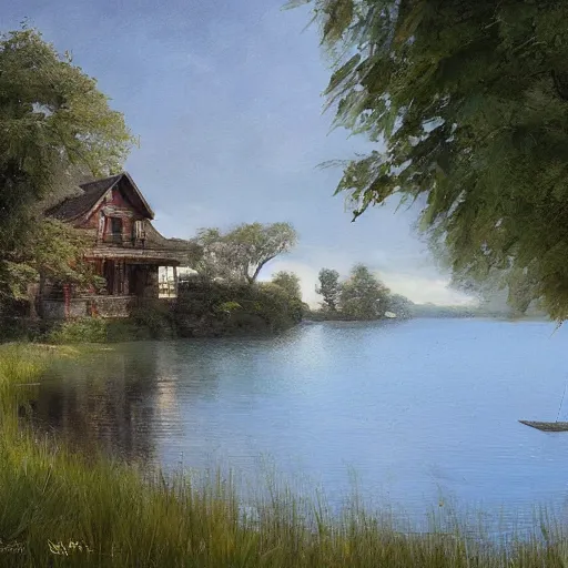 Image similar to a house by the lake painted by greg rutkowski