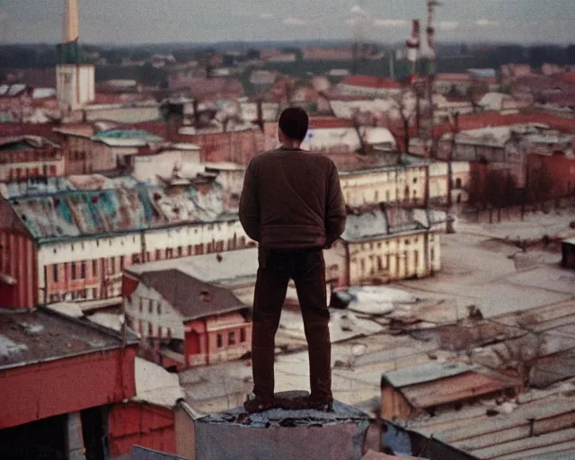 Image similar to lomo photo of man standing on the roof of soviet hrushevka, small town, cinestill, bokeh, out of focus