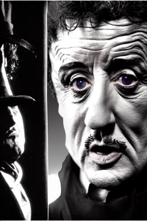 Prompt: sylvester stallone as edgar allen poe, cinematic, dramatic, mood lighting