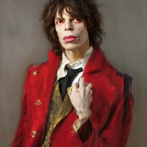 Prompt: Solomon Joseph Solomon and Richard Schmid and Jeremy Lipking victorian genre painting portrait painting of Mick Jagger in fantasy costume, red background