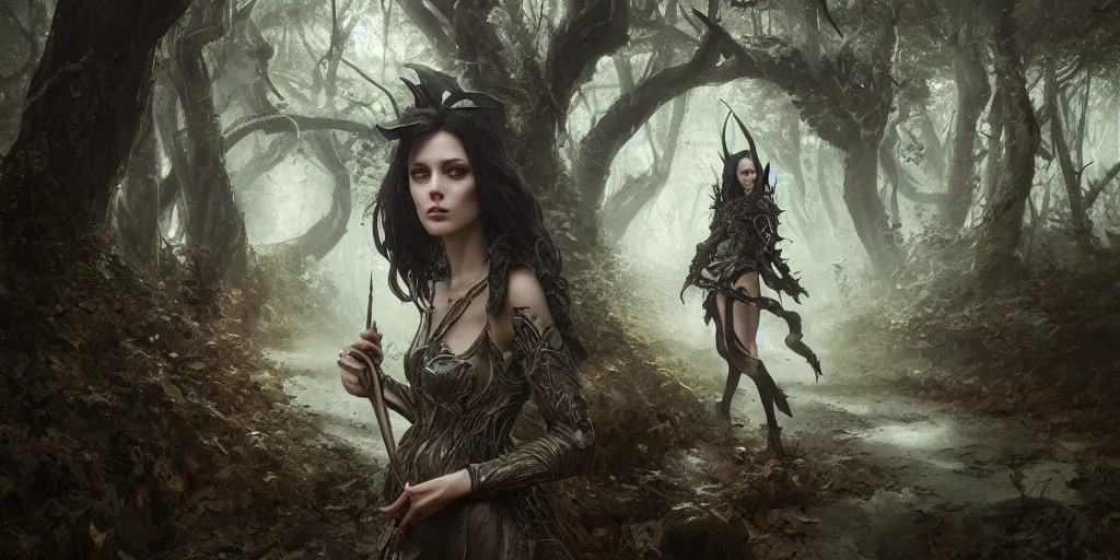 Image similar to 5 5 mm portrait photo of an armored gorgeous aesthetic witch, in magical forest. art by greg rutkowski. highly detailed 8 k. intricate. lifelike. soft light. nikon d 8 5 0.