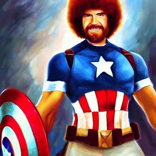 Image similar to Bob Ross as Captain America, oil painting, portrait