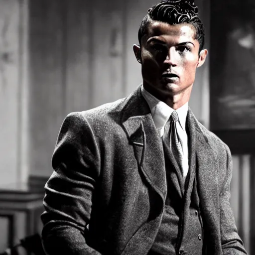 Prompt: Cristiano Ronaldo as a 1940s Gangster, Suit, Noir, fog, Intense detail, movie still, lighting,