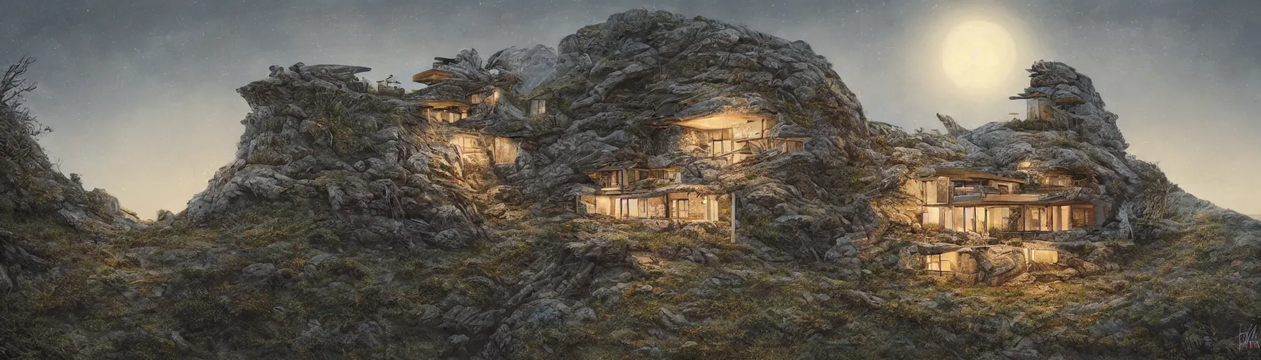 Prompt: realistic extremely detailed photo portrait painting of a mid-century house on cliff, in moon light, moebius, brom, ian miller, HR Giger, moody vibrant colors, octane render, 4k