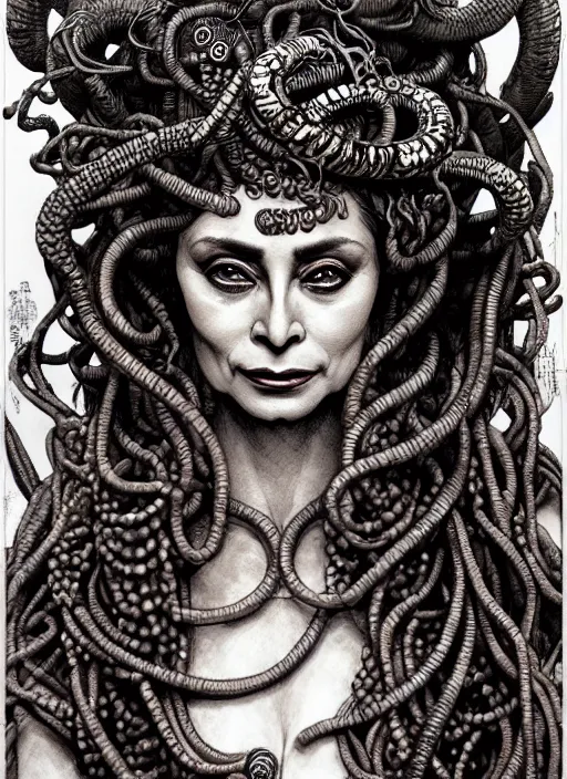 Prompt: portrait of cherie gil as medusa looking for camera wearing a greek chiton, gorgon, fantastically eerie, desaturated colors, pen and ink, glamorous pose, intricate line drawings, by craig mullins, ruan jia, kentaro miura, greg rutkowski, victo ngai