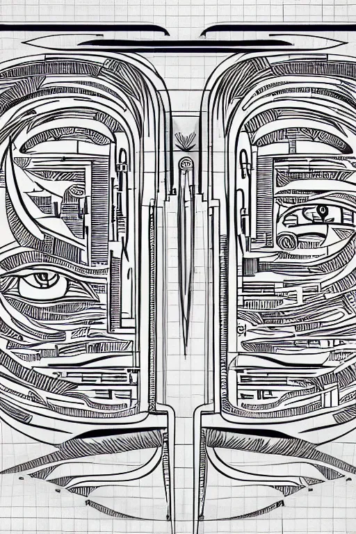 Image similar to full page technical drawing technocore mind meld evil, god symmetric, Hieroglyphic Occult, esoterism, wide angle, super highly detailed, professional digital painting, artstation, concept art, smooth, sharp focus, no blur, no dof, extreme illustration, Unreal Engine 5, Photorealism, HD quality, 8k resolution, cinema 4d, 3D, beautiful, cinematic, art by artgerm and greg rutkowski and alphonse mucha and loish and WLOP