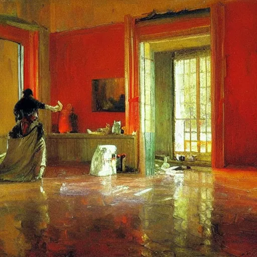 Prompt: Inside on a rainy day, warm colors, photorealistic oil painting, by Ilya Repin and Lucien Clergue