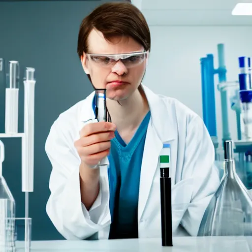 Prompt: professional stock photo of a sad scientist in a lab, holding a test tube and looking at it