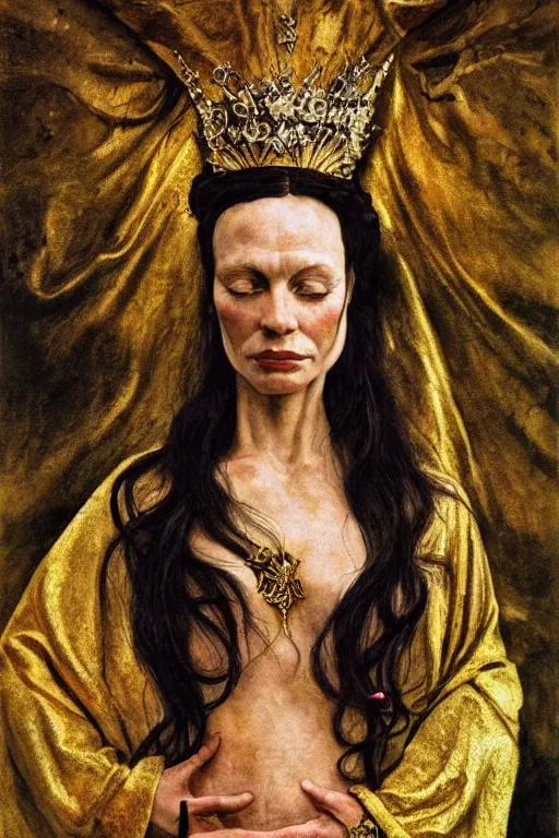 Prompt: Portrait of historically accurate, ancient biblical, sultry, sneering, evil, pagan, wicked, queen jezebel, wearing gilded robes, long hair, intricate, elegant, highly detailed, masterpiece, illustration, art by Andrew Wyeth, highly detailed, trending on artstation, award winning