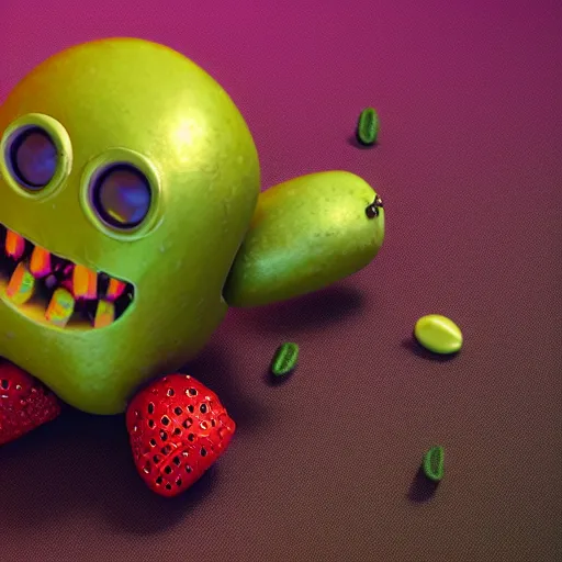 Image similar to fruit robot on colorful background, octane render, hyperrealistic textures