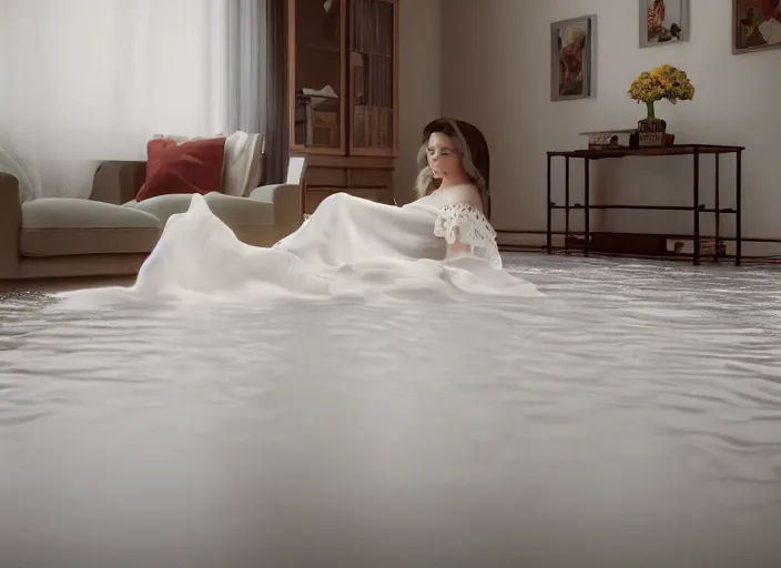 Prompt: kodak portra 4 0 0 photographic and realistic, 7 0 s living room, detailed, octane render, unreal engine, 4 k, artstation, hyper realistic, a woman afloat, white lace dress, floor flooded, wide angle, how river, 2 8 mm, sharp focus, soft light, volumetric light fog, in the style of gregory crewdson