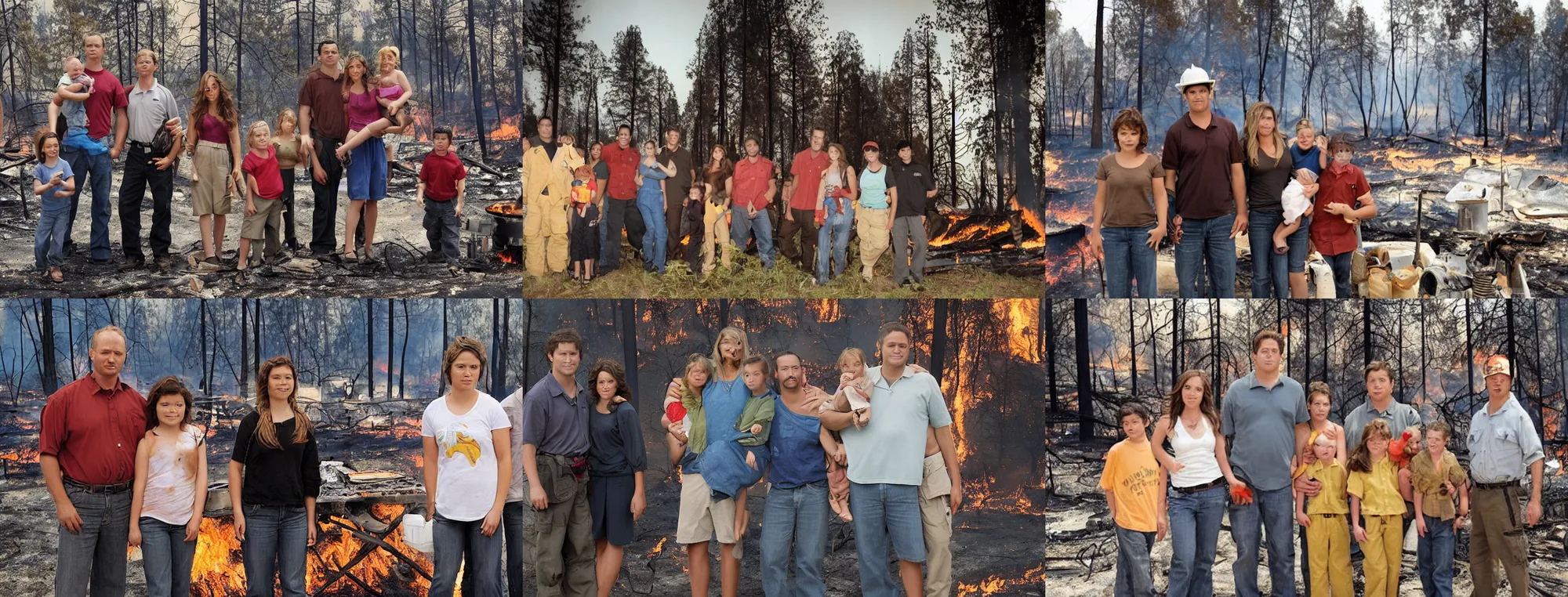 Prompt: family photo during a bbq wildfire disaster, still from a Disney Channel comedy, 2008 cinematography