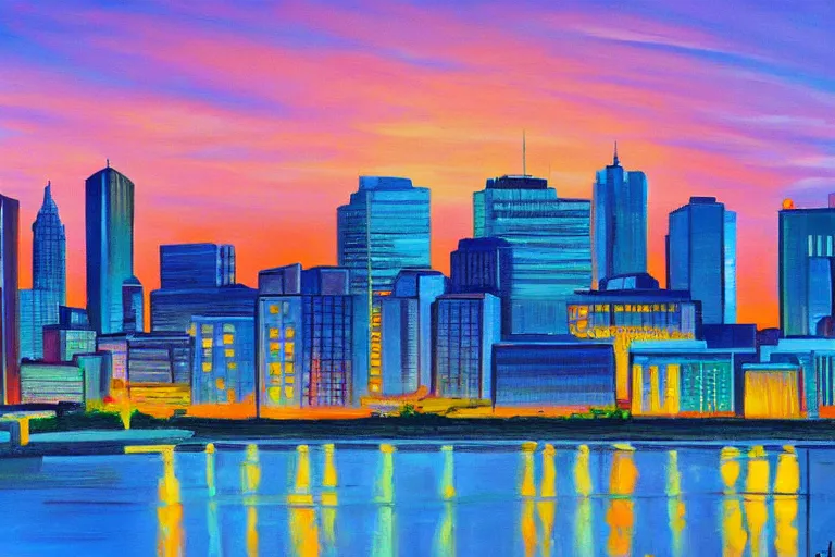 Prompt: winnipeg skyline, sunset, vivid colors, painting by ay jackson, 4 k
