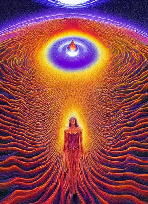 Prompt: seeing ultra dimensional entity for the first time, while accidentally tripping on dmt, energy waves, psychedelic experience, overwhelming psychosis of self realization and burning awakening, masterpiece composition, by barclay shaw,