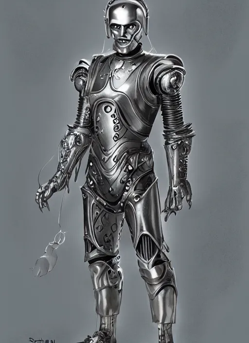 Image similar to powerful male tin man, willem dafoe as tinman, full body character concept, covered in full metal armor, art nouveau, super powers, fantasy, intricate, elegant, highly detailed, digital painting, artstation, concept art, shining, sharp focus, illustration, art by stanley lau