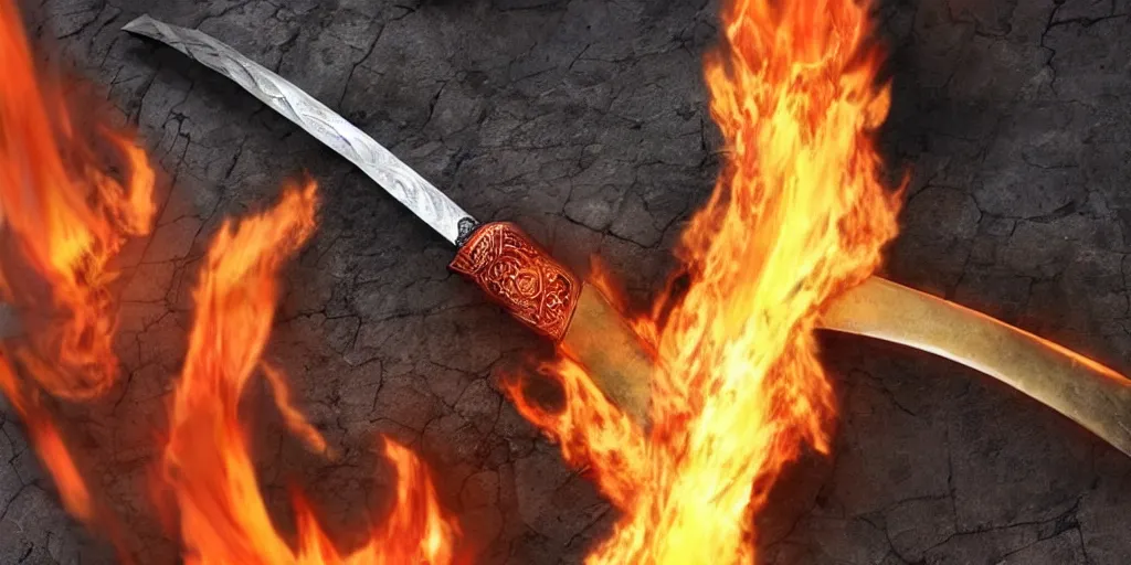 Image similar to a legendary longsword engulfed in spiral of flames, its handle is made out of dragon skin,