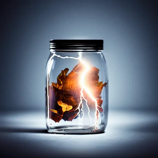 Prompt: lightning in a jar,photorealistic,studi photo,studio lighting,depth of field,focus lens