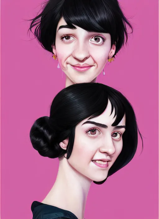 Image similar to portrait of high school girl, realistic, black hair, bangs, half updo hairstyle, pointy nose, skinny, smile, ugly, defined jawline, big chin, pink hair bow, earrings, intricate, elegant, glowing lights, highly detailed, digital painting, artstation, sharp focus, illustration, art by wlop, mars ravelo and greg rutkowski